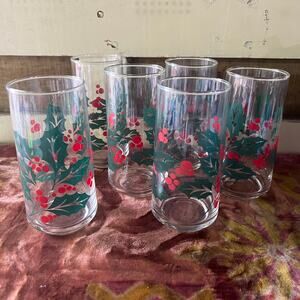 VTG 80s 6 Indiana Holly Berry Holiday Highball Water Glasses Set Christmas